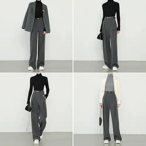 灰色高级感直筒裤阔腿裤垂感压褶老钱风女秋冬新款简非蓝高腰西装