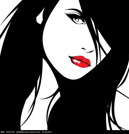 性感红唇黑色长发女生韩国插画