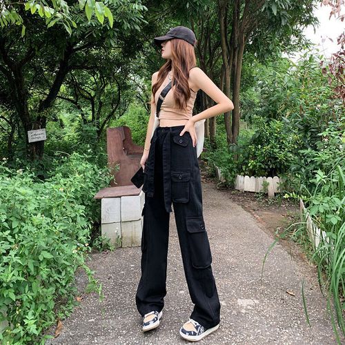 搭配马丁靴的裤子女工装裤黑色工装裤牛仔裤女2022新款美式高腰显瘦