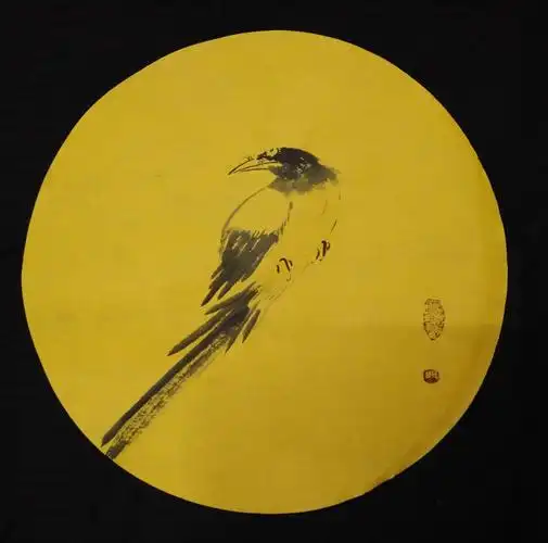 (三十七)门外人~纯水墨禅意喜鹊圆面小品(仿古宣)2020.