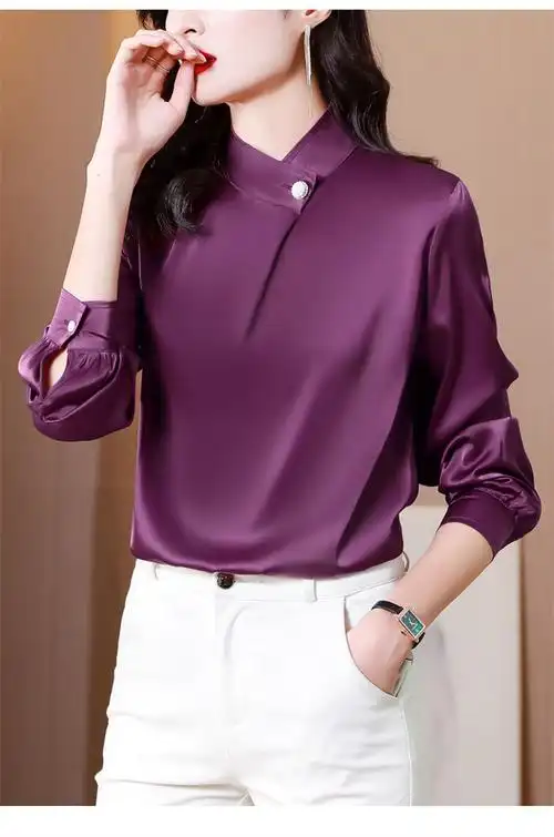 法莎尼亚轻奢品牌真丝缎面长袖衬衫女2022春季新款立领纽扣上衣时尚
