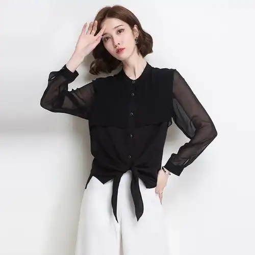 圆领长袖桑蚕丝上衣女修身显瘦真丝上衣时尚百搭系带真丝主要参数品牌