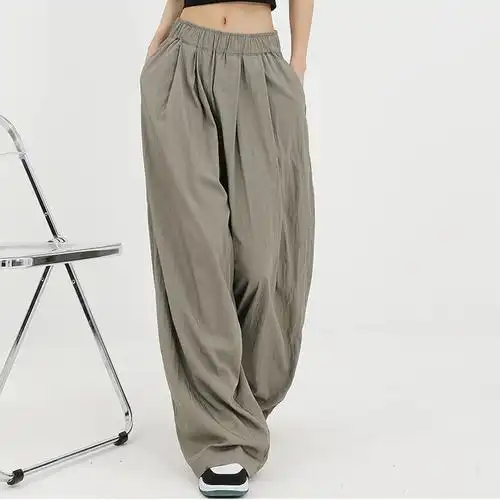 冰鲸岛灰色慵懒阔腿裤女2024夏季新款褶皱休闲宽松裤