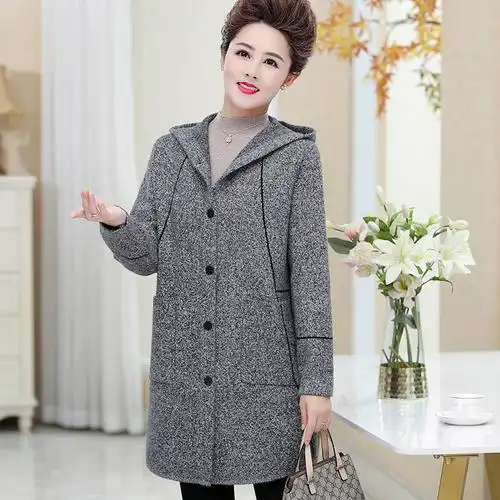 胖妈妈秋冬装加大码连帽开衫外套中老年女双面羊绒大衣中长款外搭