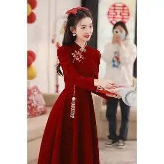 洋美丽敬酒服新娘高级感轻奢旗袍春秋结婚订婚礼服连衣裙小个子回门出