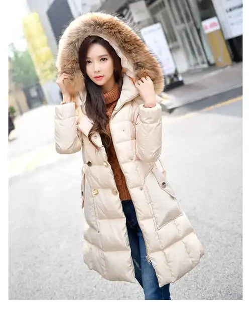 粉红大布娃娃女装冬季新款连帽大毛领羽绒服中长款韩版收腰外套 焦糖