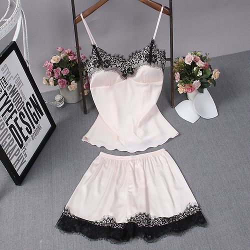 真丝吊带睡衣女夏季性感带胸罩聚拢小胸垫冰丝家居服短裤两件套装