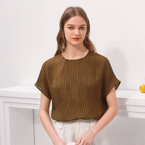 100%桑蚕丝~双层提花圆领文艺风真丝短袖春夏纯色t恤女