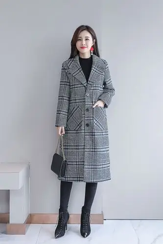 遇见衣姿秋冬季反季复古千鸟格子毛呢外套女中长款加厚呢子大衣