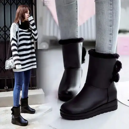 新款冬季女大童少女学生加绒雪地靴低筒保暖女靴子厚水台女靴