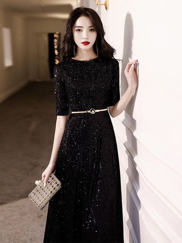 黑色宴会晚礼服女新款秋季气质优雅主持人连衣裙年会礼服