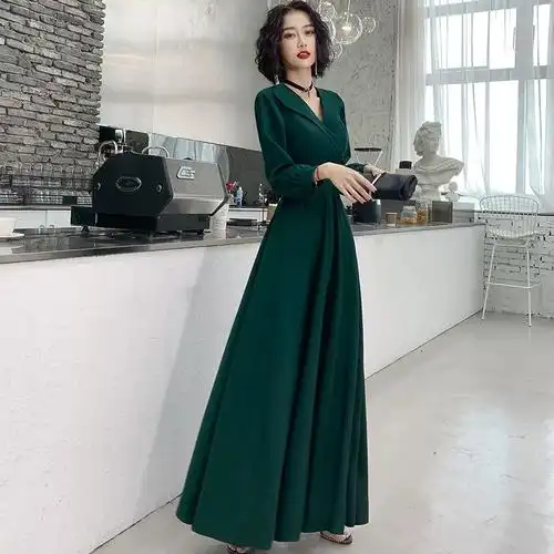 v领宴会气质气场女王平时可穿长款裙高端晚礼服连衣裙女2021新款