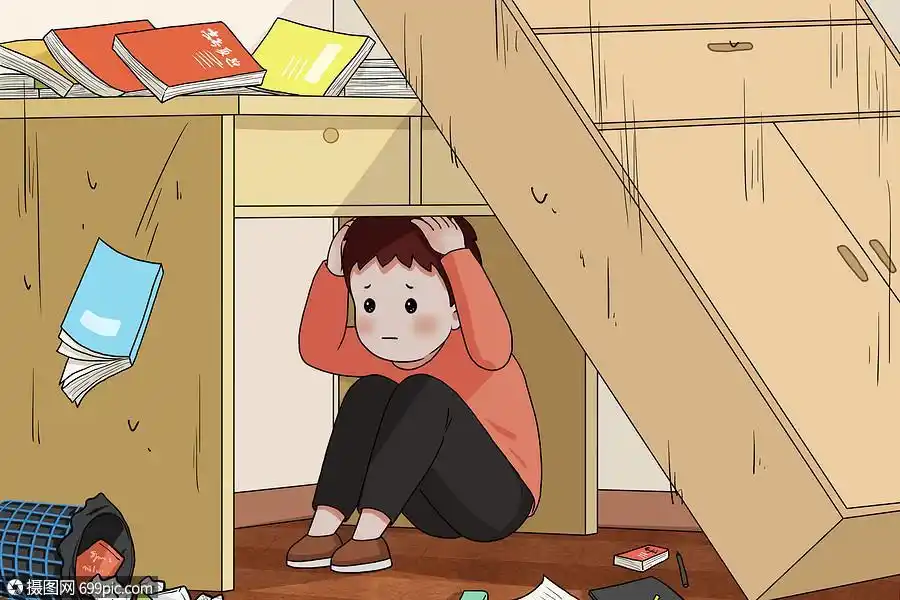 地震躲在桌下的男孩