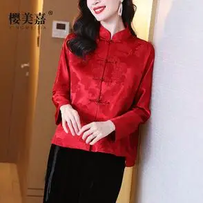 樱美嘉中国红桑蚕丝上衣女立领新中式改良长袖提花复古盘扣唐装