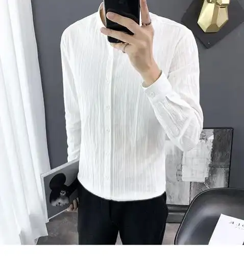 卡帝乐鳄鱼秋季中山领休闲衬衫男修身长袖纯色寸衫韩版男士圆领褶皱白