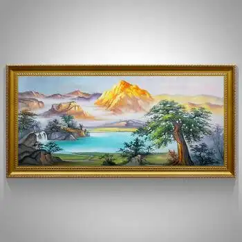 手绘油画新中式客厅装饰画聚宝盆山水油画办公室书房背景墙挂画风景画