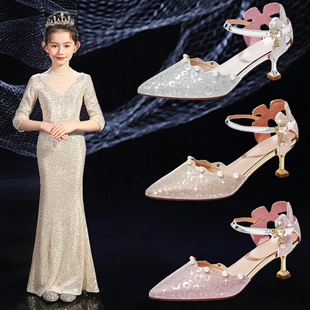 女童皮鞋尖头水晶公主鞋小女孩走秀礼服鞋中大童演出鞋儿童高跟鞋