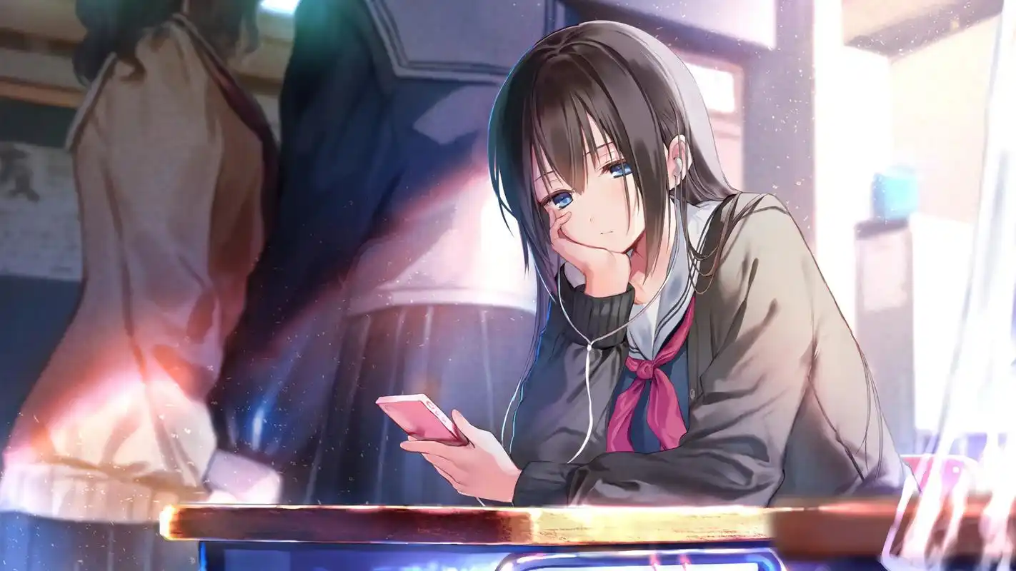 教室班级女学生手机听音乐课桌动漫壁纸壁纸