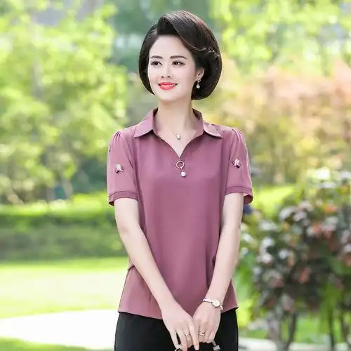 中老年女装短袖t恤中年大码妇女夏装40岁50上衣雪纺妈妈装洋气