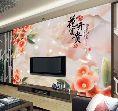 霍元甲瓷砖新中式客厅电视大理石墙瓷砖花开富贵玉雕花朵背景墙