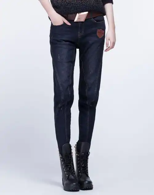 女款怀旧蓝色中腰吊磨磨破宽松大码牛仔裤