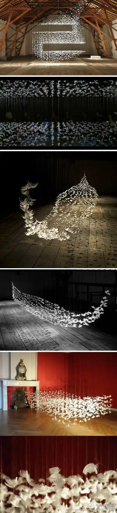 展览艺术家isa barbier用羽毛做的梦幻装置.