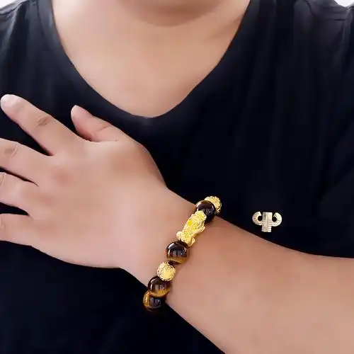 蒂蔻貔貅黄金手链男士款足金铜钱金珠硬金虎眼石手串