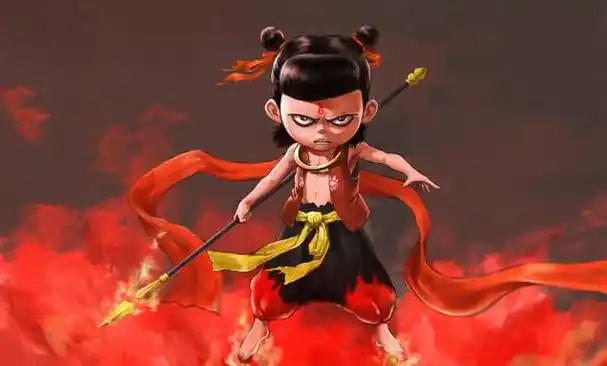 左手乾坤圈,右手火尖枪,身穿超短裙,脚踩风火轮.