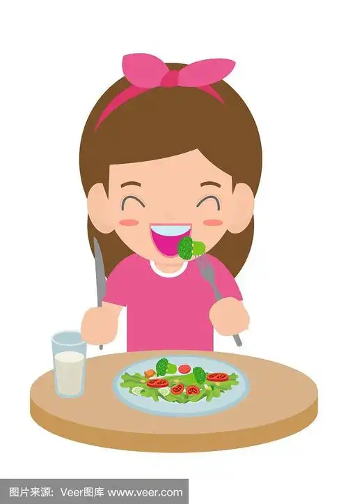 可爱的卡通快乐女孩吃沙拉.健康蔬菜食品和儿童矢量插图.