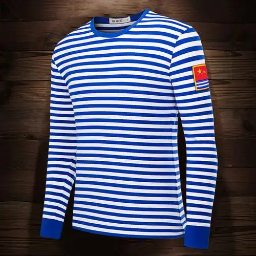 秋季蓝色海军长袖t恤男横条纹秋衣蓝白外穿海魂衫纯棉刺绣打底衫
