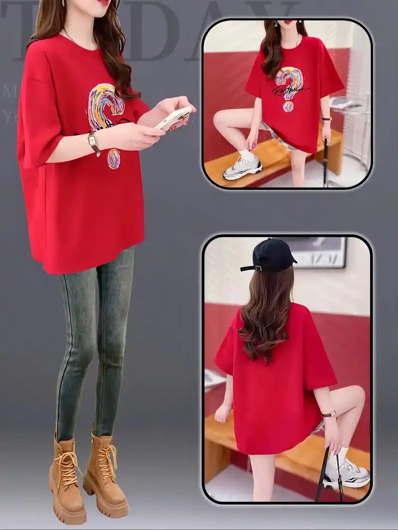 红色纯棉短袖t恤女2024春秋季宽松中长款百搭情侣装大码时尚 - 抖音