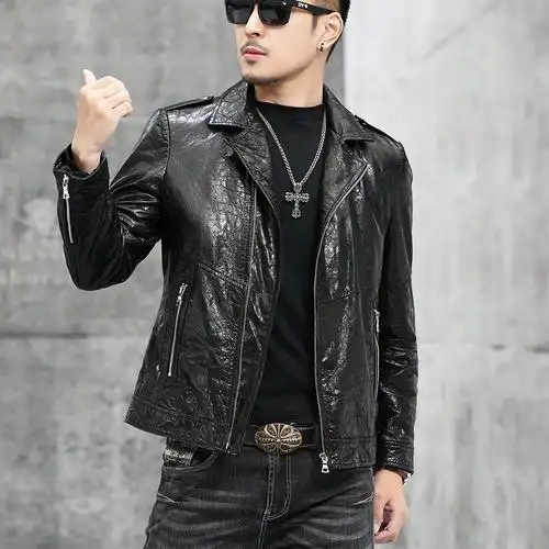 海宁真皮皮衣男头层牛皮皮夹克外套油蜡皮帅帅气皮衣