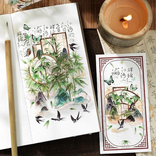 infeelmepet长条胶带闲庭花事系列古风花鸟手帐素材贴画3张入