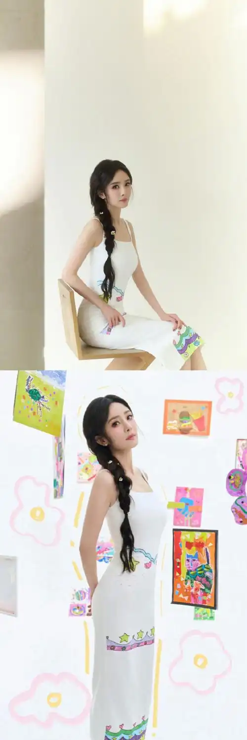 杨幂穿孤独症儿童手绘白裙##杨幂穿的裙子是孤独症儿童画的