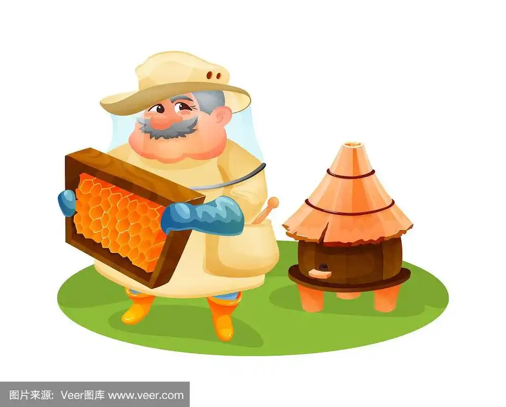 养蜂人正在检查一个带蜂巢的木架