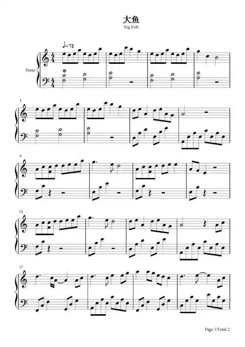 大鱼-c调简单版_周深_c调 _流行钢琴谱五线谱独奏谱_钢琴谱|钢琴