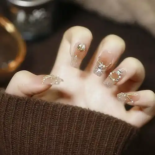 碎钻果冻脏茶钢珠复古风格纯手工穿戴甲华尔兹美甲玉脂腮红经典