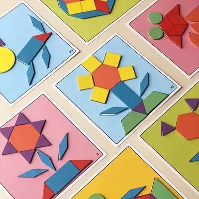 拼图拼板小学生儿童益智力玩具铁盒装木制几何积木高档七巧板智力拼图