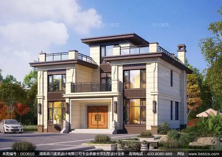 新中式三层带露台别墅设计施工图及效果图_农村三层独栋别墅设计图纸