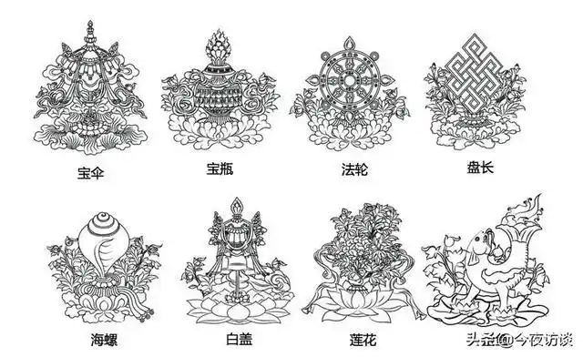 八吉祥,又称佛教八宝,象征佛教威力的八种物象.