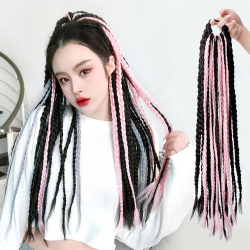脏辫马尾假发女y2k千禧辣妹脏辫彩色渐变编发绑带式花长辫双色黑烟粉