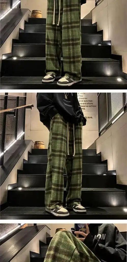 格子裤子男款春秋季直筒宽松潮牌垂感百搭阔腿休闲长裤男 - 17网