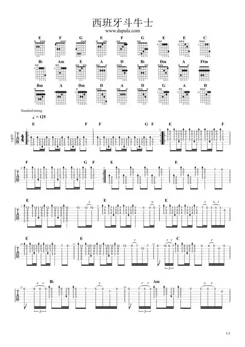 经典名曲西班牙斗牛士吉他谱吉他独奏谱
