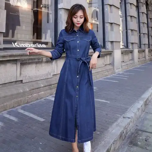 春秋季过膝超长款新款女韩版修身显瘦长袖衬衣牛仔连衣裙子长裙潮