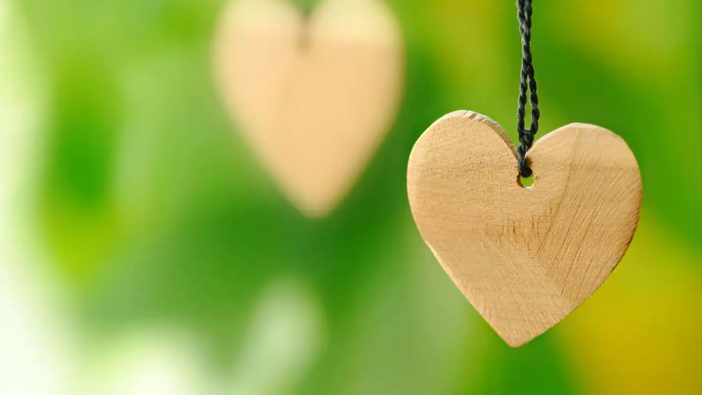 lomo风格的唯美小清新绿色背景爱心木头挂件高清图片电脑桌面壁纸