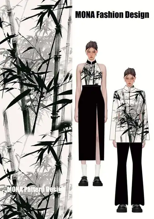 mona原创印花岁寒三友墨竹