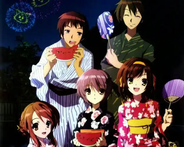 求凉宫春日等五人或更多站在一起的图片,用来绘画,姿势表情不限,人物