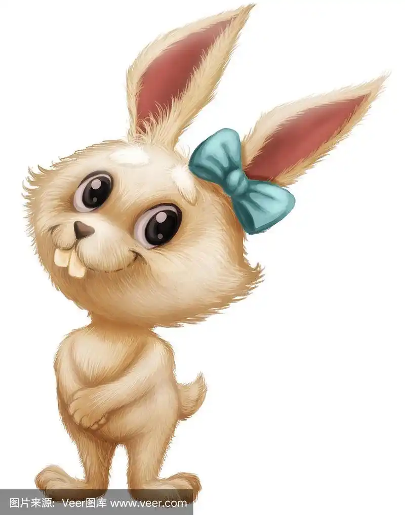 可爱的毛绒绒的兔子-卡通动物人物吉祥物摆姿势与大眼睛和耀眼的微笑
