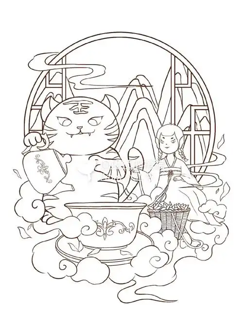 国风茗茶,茶文化插画,付线稿