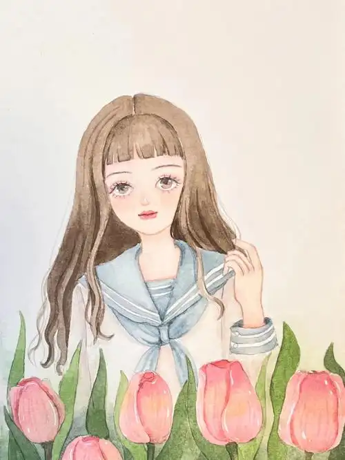 手绘水彩少女头像附过程图